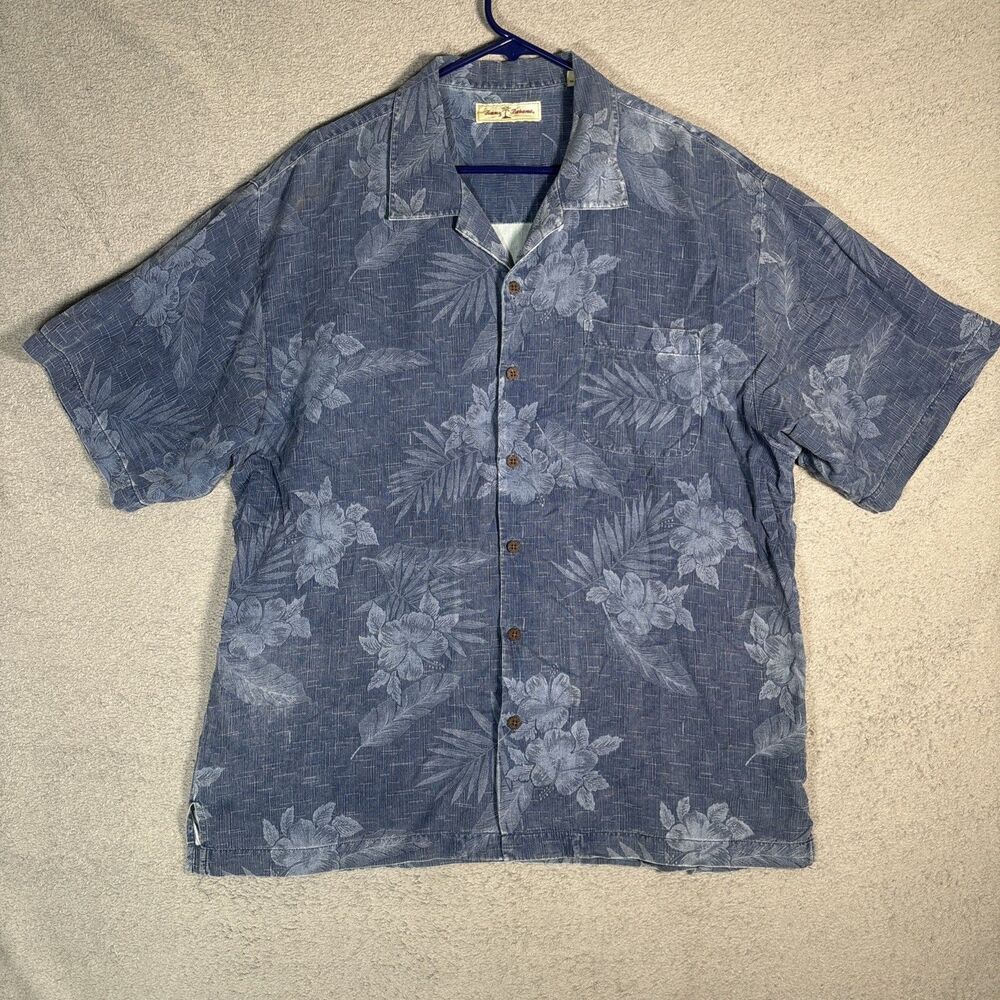 Tommy Bahama Camp Shirt Mens Size XL Blue Floral Silk Resort Wear Tropical